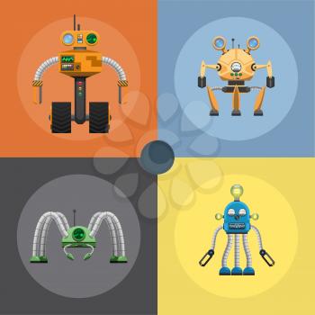 Cortoon mechanical robots set, that includes artificial intelligence machines on wheels, with three and four legs, with detectors, colorful buttons, electric lamps and antennas vector illustrations.