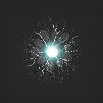 Charged ball lightning illustration for science or magic, blinding spot with green glowing realistic light effect on transparent background. Vector illustration