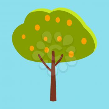 Tall tree with green leaves and small round orange fruits closeup icon on blue background vector illustration graphic design.