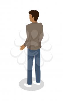 Brunette man in casual clothing standing backwards isometric projection vector isolated on white. Male character figure in jacket and jeans from back view 3d illustration for icons or web design