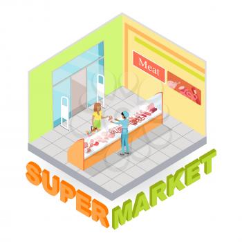Supermarket meat department interior in isometric projection. Customers choosing goods in grocery store trading hall vector illustration. Daily products shopping concept isolated on white background
