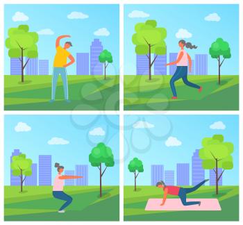 Fitness exercises vector, woman and man in green park. Plank and squats, jogging female wearing sportswear. City greenery with skyscrapers and people