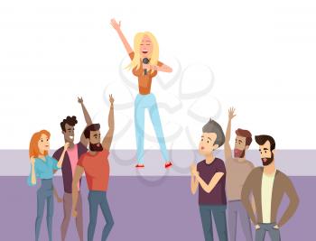 Girl singing with microphone on stage with hand up, smiling people near scene dancing vector. Concert or karaoke party, funny group of men and women