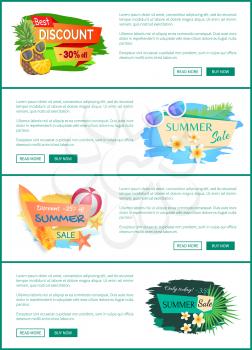 Summer proposals set of poster with text sample. Discounts and offers from markets, seasonal reduction of price. Pineapple and blooming flowers vector