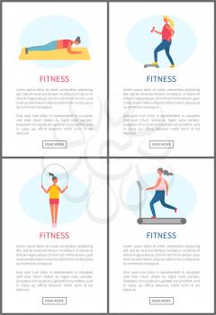 Fitness people vector, woman with heavy dumbbells, lady using jumping rope and person running on special machine in gym. Losing weight and keep fit