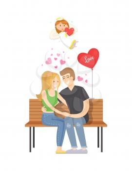 People in love relaxing vector, man and woman spending time together and sitting on bench. Balloon in form of heart, angel girl flying above couple