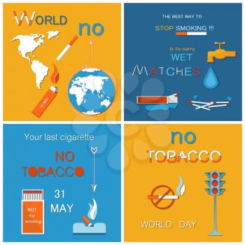No tobacco day posters set. Best way to stop harmful habit is wet matches. Traffic light showing red color stop sign, prohibited crossed cigarettes vector