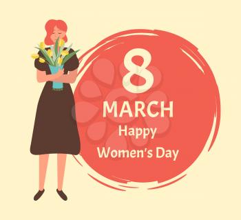 8 March women day greeting card, vector female celebrating International spring holiday. Girl in dress with bouquet of yellow tulips, cartoon character