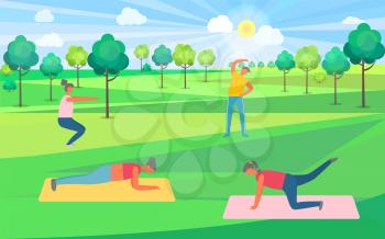 People doing exercise in park, girls on mat, squatting human. Sporty portrait view of man and woman, healthy lifestyle, stretching and pumping vector