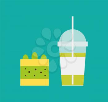 Milkshake and piece of cake with lemon and kiwi, biscuit cream, tasty food snack vector. Cocktail in disposable cup with straw and sweet dessert isolated