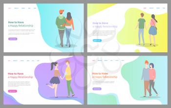 How to build happy relationship vector, man and woman holding hands of each other, relaxed people in love, cuddling and embracing tender. Website or webpage template, landing page flat style