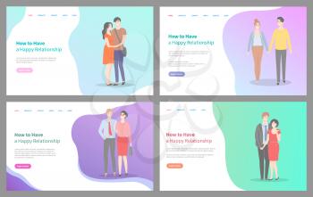 How to build happy relationship vector, people with partners, male and female walking holding hands, and smiling. Couples on first dates, website or webpage template, landing page flat style