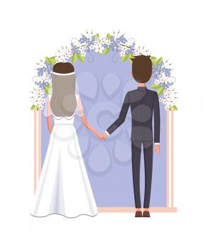 Groom and bride standing under floral arc, woman wearing white dress and veil, man dressed in suit, decorations isolated on vector illustration