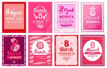 Big set of 8 March greeting cards, Eight number made of flowers, best wishes on International women s day vector illustration poster isolated on pink