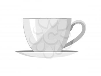 Pretty template of tea-cup vector illustration of basin with one rounded handle and small plate under it, many shadows, isolated on white background