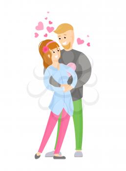 Boy and girl tenderly hugging, young lovers embracing each other, hearts over them, boy and girl in love, happy couple vector illustration isolated