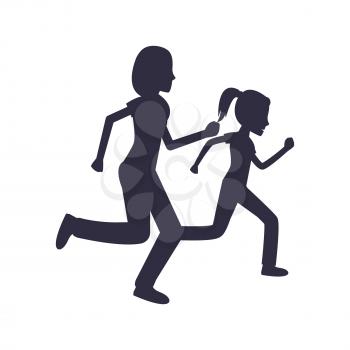 Mother and daughter jogging together vector illustration black silhouettes. Mom and girl in sport apparel running, active healthy lifestyle concept