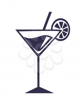 Martini cocktail with straw and orange slice vector illustration outline silhouette isolated on white background. Alcohol drink cocktail icon