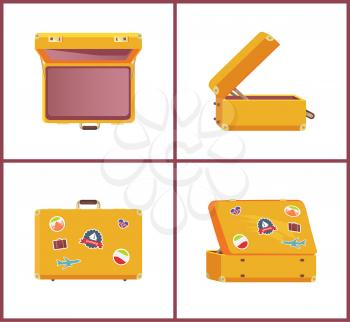 Set of retro suitcases from different angles, memory stickers sailboat, flying plane, flag of Italy and Iceland, sightseeings travelling concept vector