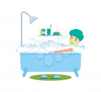 Woman bathing and relaxing, poster with female lying in hot water with mask on face, recreation and stress relief, isolated on vector illustration