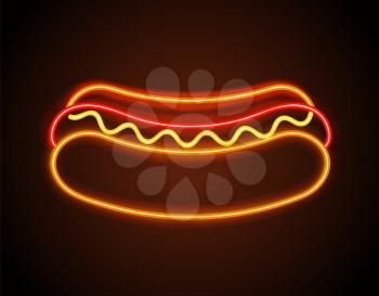 Hot dog neon signboard, poster with bun and sausage, ketchup and mayonnaise with mustard, delicious food, sign banner isolated on vector illustration