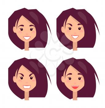Bright portraits of young girl with dark hair, vector illustration with set of female faces that describe various emotions, isolated on white backdrop