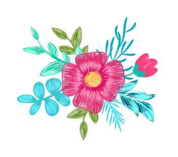 Pink flower in blossom with yellow center, branches and leaves on them, composition on vector illustration isolated on white background