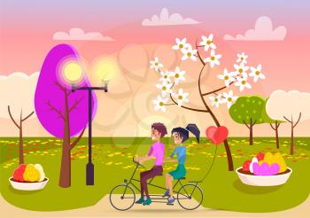 Boy and girl rides together on double bicycle on park path vector illustration. Red balloon in shape of heart tied to trunk of bike.