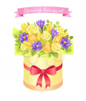 Spring bouquet with rose and peony flowers, blue crocus and yellow tulips , green leaves, in decorative round box with silk bow vector illustration