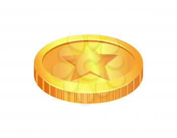 Coin made of gold, material with image of star shape, piece of money, treasure in form of coins, unique sign, vector illustration, isolated on white
