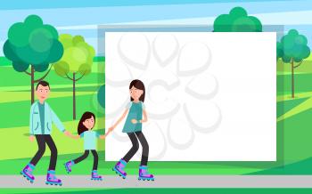 Family roller skating together vector in park on background of trees and bushes with white frame for text. Parents teach child to skate on rollers