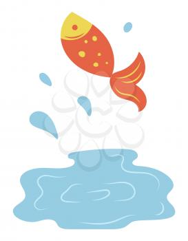 Fish jumping out of lake isolated cartoon style marine or river animal. Vector fishing sport hobby logo, red trout and water, drops of aqua and saltwater habitat. Flat cartoon