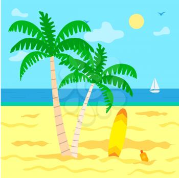 Summer holidays by sea vector, plage with hot sand. Sunshine of warm day, green palm tree with foliage, surfing board and sailing boat on water surface
