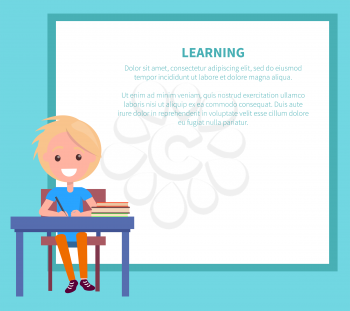 Learning banner with blonde boy with textbooks at school. Vector illustration of begginer on 1st of September, back to school concept