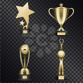 Shiny trophy cups set. Golden stars, human figure with laurel wreath and word globe statuettes and goblet realistic vector on transparent background. Sports prize or business awards illustration