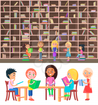 Five children sitting at wood table and reading colored books in library with big bookcase vector illustration flat design.