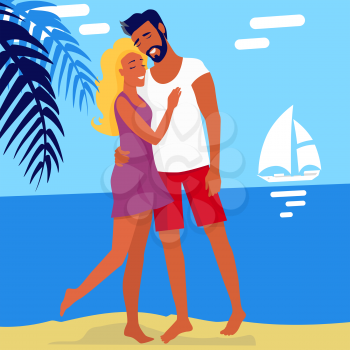 Lovely hugging couple isolated on summer beach. Vector colorful illustration of man and woman spending honeymoon in tropical country