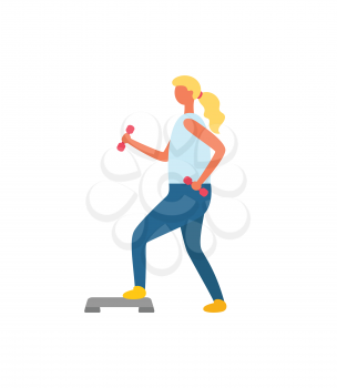 Woman keeping fit vector, person leading healthy and active lifestyle. Training lady with dumbbells, working out blond with long hair, character flat style