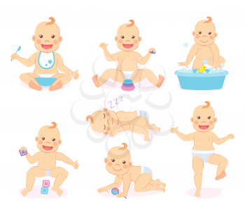 Small kid vector, funny child wearing bib and eating food from bowl, baby playing cubes and sleeping, container with water and bubbles duck rubber toy