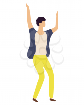 Dancing guy in yellow trousers isolated happy dancer on white. Vector cartoon man with hands up having fun. Brunette male character in flat design