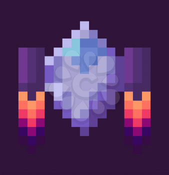 Retro spaceship, pixel art sign in 8 or 16 bit game in dark night sky. Vector starship in universe, pixel-art play and burning rocket ship on purple, pixelated cosmic object for mobile app games