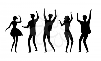 Clubbers vector, silhouette of isolated people having fun in clubs, dancers flat style man and woman moving bodies and raising hands up partying youth