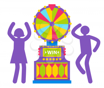 Purple silhouettes of man and woman spinning colorful fortune wheel. Lottery and gambling. Lucky roulette, game of chance, winning money, gamesome gambler or gamer bet in gaming computer machinery