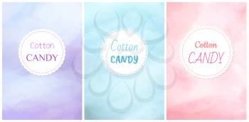 Cotton candy round label, poster or cover with circle sign, colorful advertising with dessert, snack symbol in flat design style, yummy decoration vector
