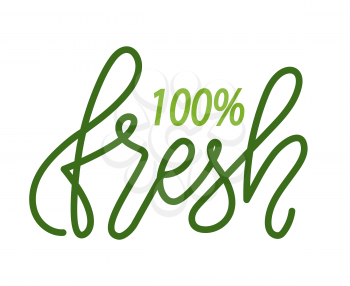 100 fresh isolated green logo. Vector super quality product, vegetables and fruits of high level premium grade, logotype for grocery shop, bio nutrition