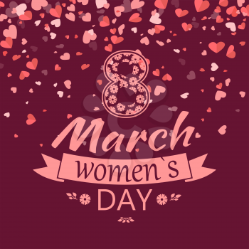 8 march womens day with hearts on background. International girls holiday, banner with lettering greeting isolated on burgundy backdrop, vector postcard