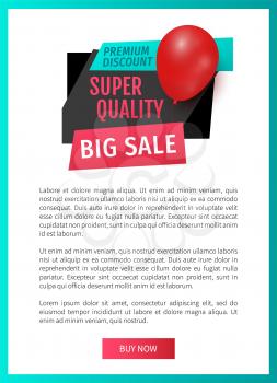 Premium discount, big sale of super quality products web page template vector. Exclusive goods, label with inflatable balloon. Best price and clearance