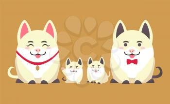 Family of pigs, mother, father and kids. Animals with winking face and raised paw. Sitting piggy in flat style isolated vector, Chinese New Year symbol