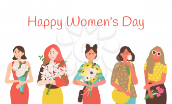 Happy womens day greeting card with cartoon ladies holding flower bouquets. Vector smiling caucasian mothers and girlfriends with blossoms, lovely girls