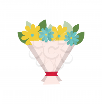 Ribbon on bouquet wrapping vector, isolated icon of blue and yellow flowers. Gift on special occasion, greeting on 8 march, botanical leafy present